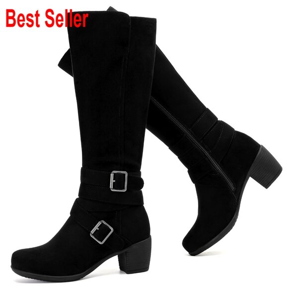 Faux Leather Knee High Boots Chunky Heel Pointed Toe Fashion